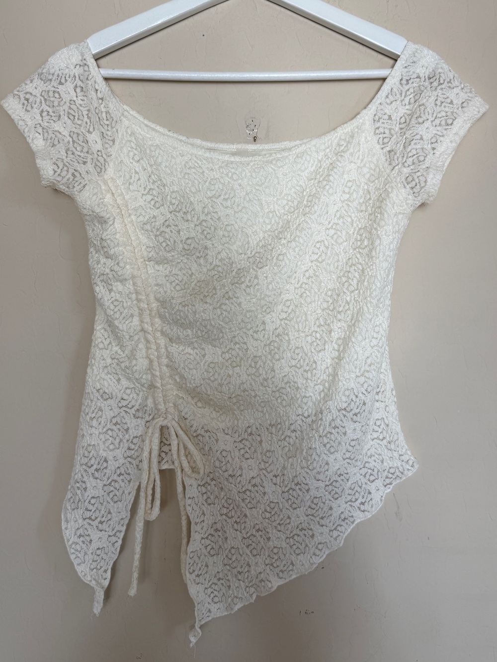 Chocolate Y2K Cream Lace Short Cap Sleeve Asymmetric Blouse Ruched Tie Large